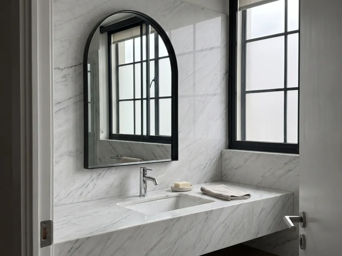 Bathroom vanity top and wall in white Dolomite marble with a white sink and chrome fixtures: grayish white with fine gray veins and the occasional darker line