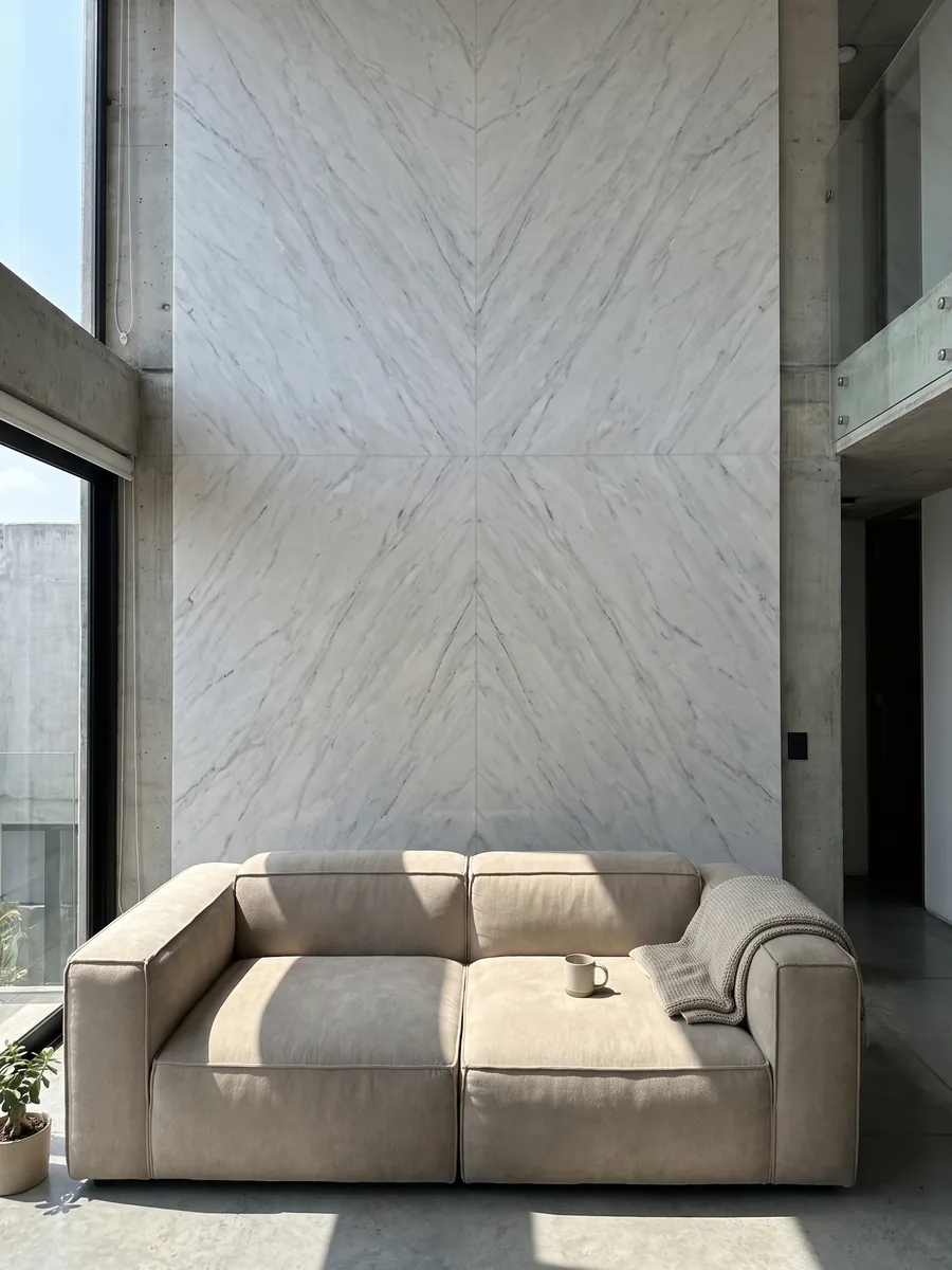 Living room wall clad in bookmatched slabs of white Dolomite marble behind a sofa: grayish white with fine gray veins and the occasional darker line
