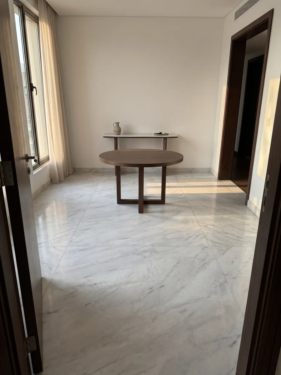 Entryway floor in large slabs of white Dolomite marble with natural light: grayish white with fine gray veins and the occasional darker line