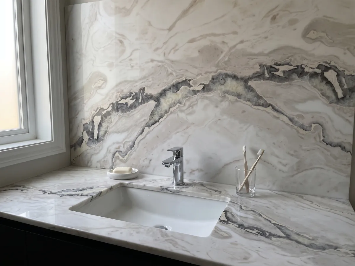 Vanity top and bathroom wall in white Dover White marble with a white sink and chrome fixtures: white with an irregular dark gray vein crossing the top