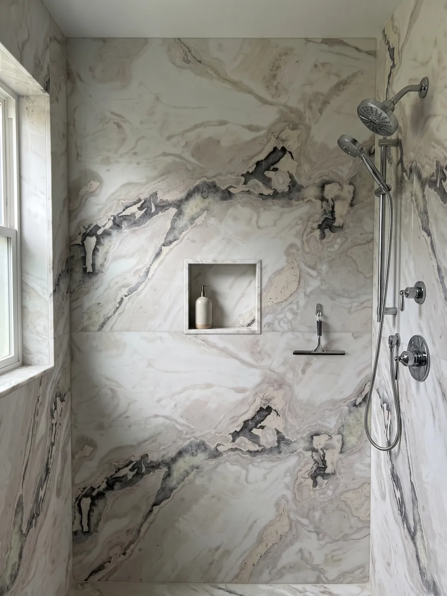 Shower clad in full slabs of white Dover White marble with a recessed niche: white with an irregular dark gray vein crossing the top