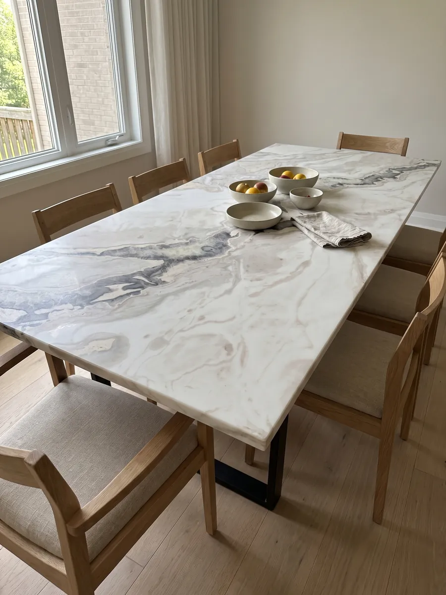 Dining table with a white Dover White marble top on a steel base: white with an irregular dark gray vein crossing the top