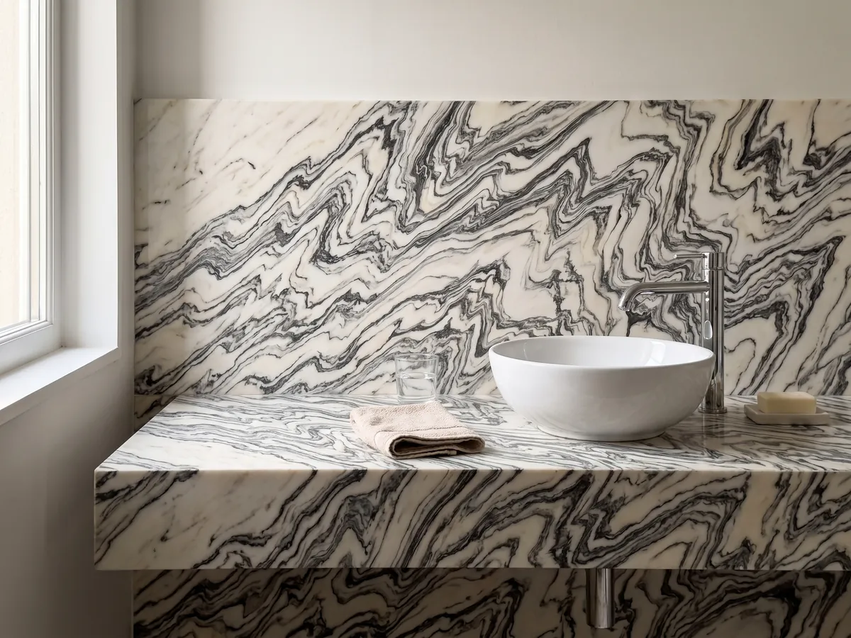 Bathroom vanity top and wall in white Fantastico Arni marble with a white sink and chrome faucets: black veins folded in a zigzag forming continuous waves over a white background