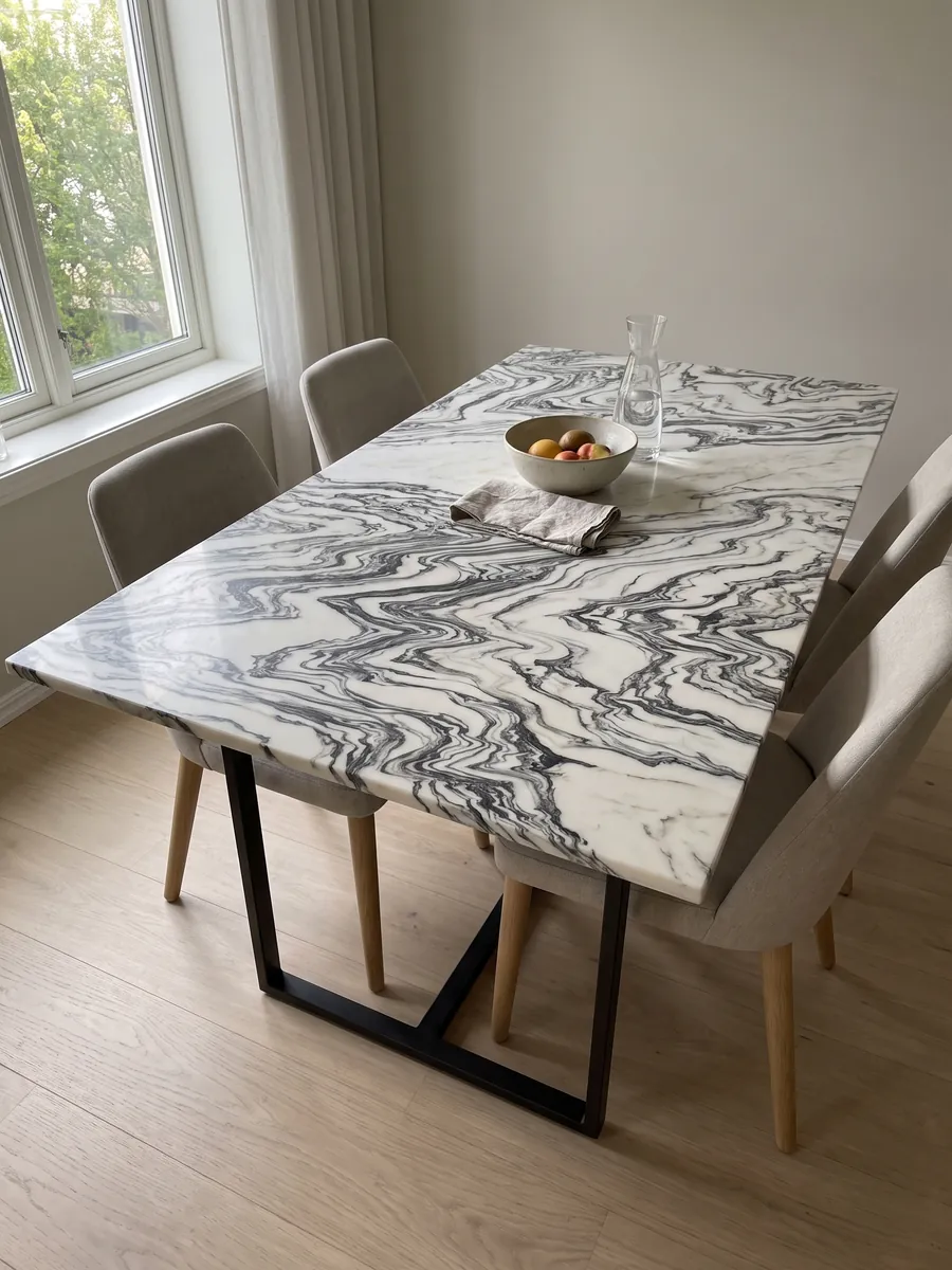 Dining table with a white Fantastico Arni marble top on a steel base: black veins folded in a zigzag forming continuous waves over a white background