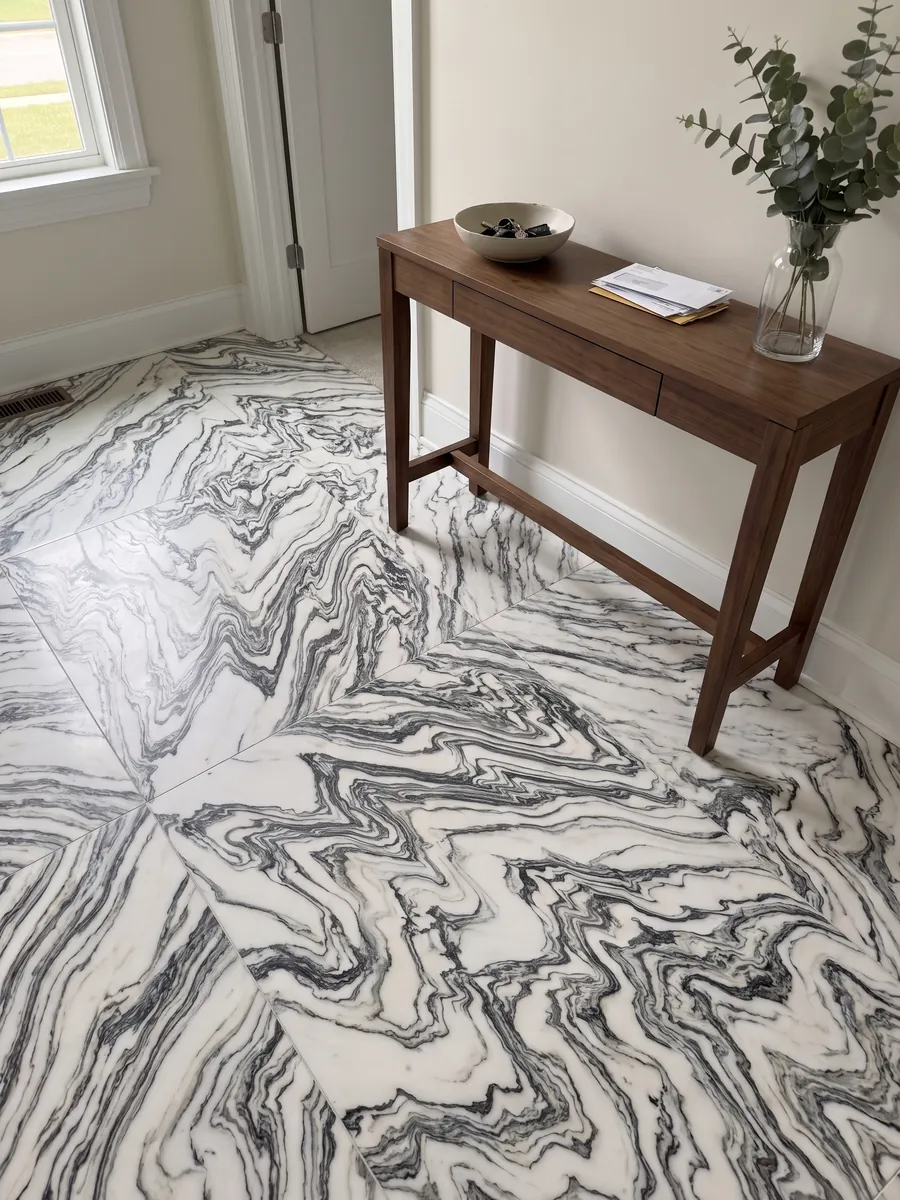 Entryway floor in large slabs of white Fantastico Arni marble with natural light: black veins folded in a zigzag forming continuous waves over a white background
