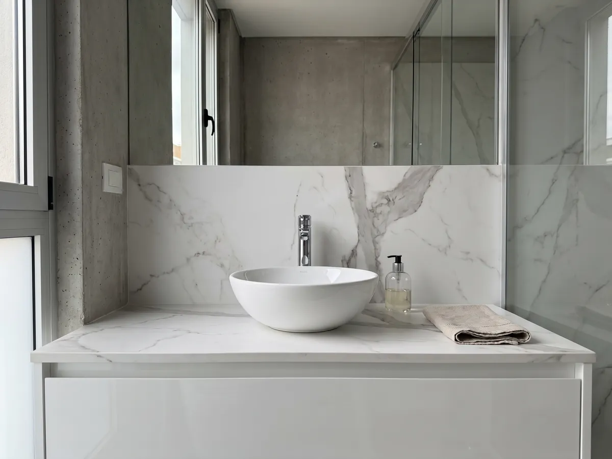 Vanity top and bathroom wall in white Geneva marble with a white sink and chrome faucets: very clean white crossed by a vertical gray vein and a few fine branches