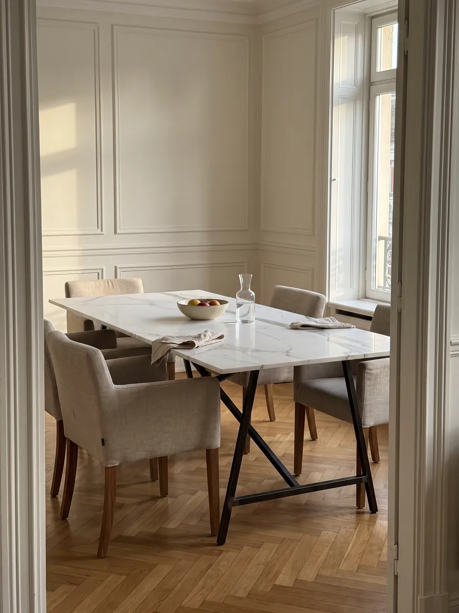 Dining table with a white Geneva marble top on a steel base: very clean white crossed by a vertical gray vein and a few fine branches