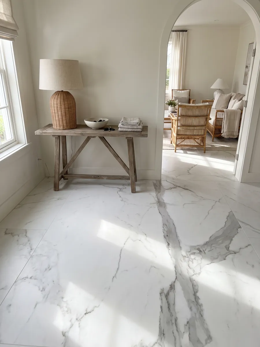 Entryway floor in large slabs of white Geneva marble with natural light: very clean white crossed by a vertical gray vein and a few fine branches