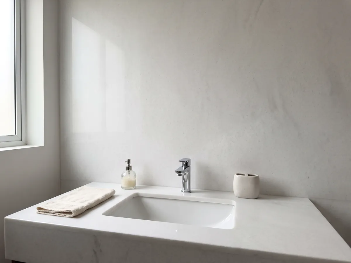 Vanity top and bathroom wall in Bianco Ghiaccio marble with a white sink and chrome fixtures: pure white with almost no visible pattern