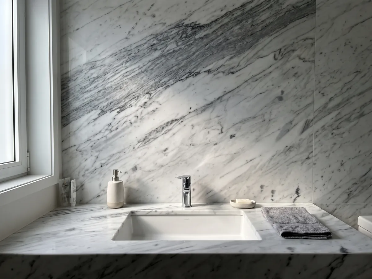 Vanity top and bathroom wall in Bianco Gioia marble with a white sink and chrome fixtures: white with diagonal gray veins, denser and darker at the top
