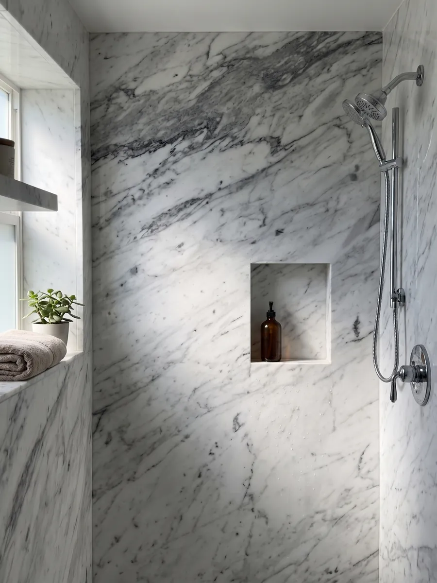 Shower clad in full slabs of Bianco Gioia marble with a recessed niche: white with diagonal gray veins, denser and darker toward the top