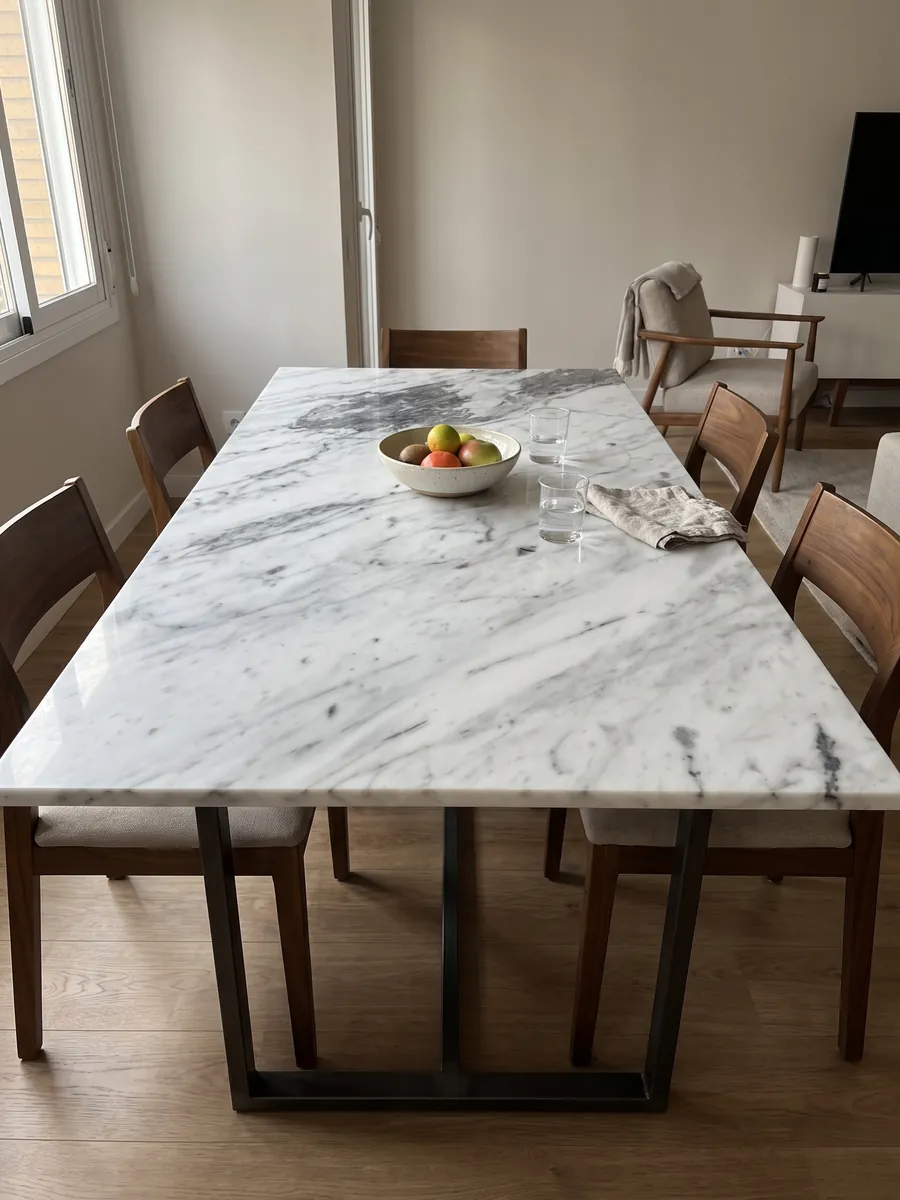Dining table with a Bianco Gioia marble top on a steel base: white with diagonal gray veins, denser and darker toward the top