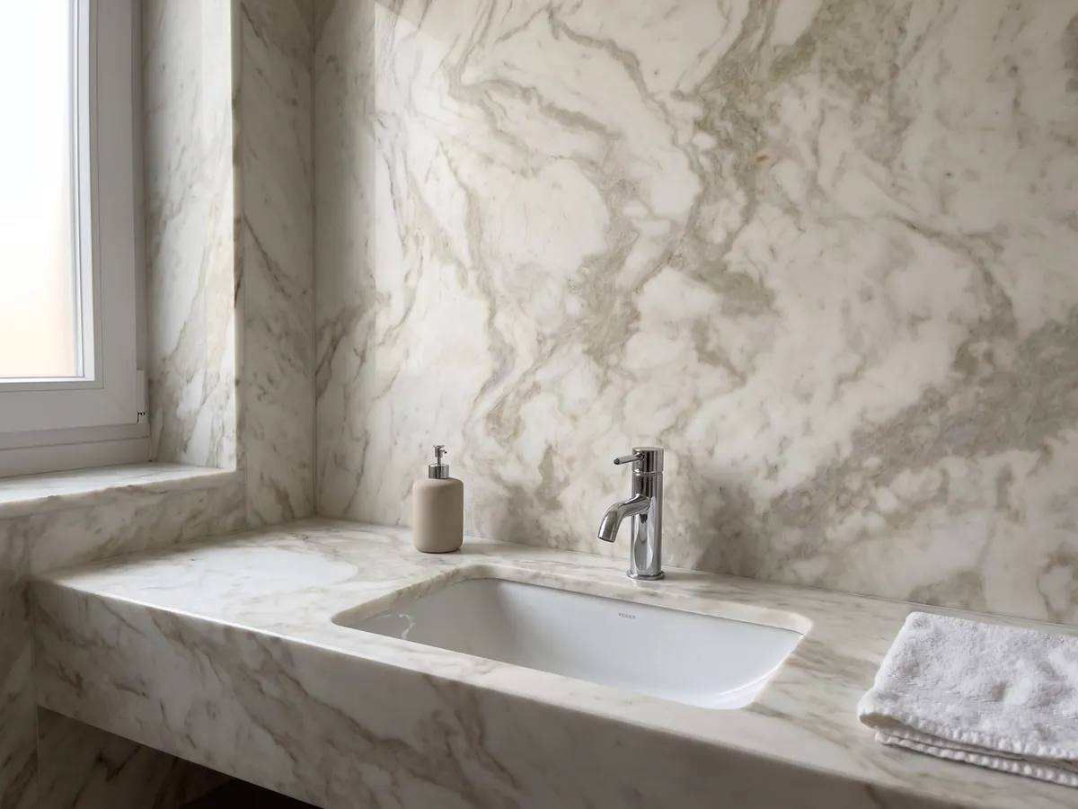 Vanity top and bathroom wall in white Jasmine marble with a white sink and chrome faucets: warm white with diffuse beige veins, soft and cloudy