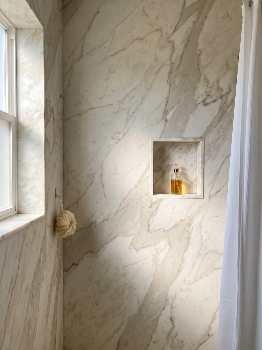 Shower clad in full white Jasmine marble slabs with a recessed niche: warm white with soft, cloudy, diffuse beige veins