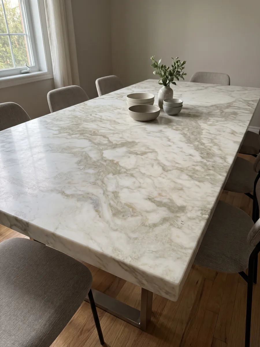 Dining table with a white Jasmine marble top on a steel base: warm white with soft, cloudy, diffuse beige veins