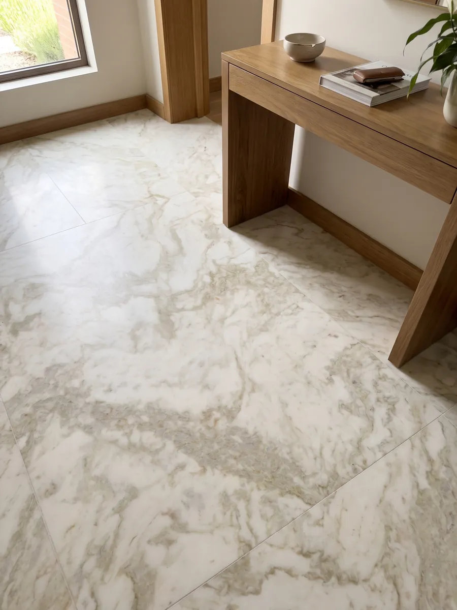 Entryway floor in large white Jasmine marble slabs with natural light: warm white with soft, cloudy, diffuse beige veins