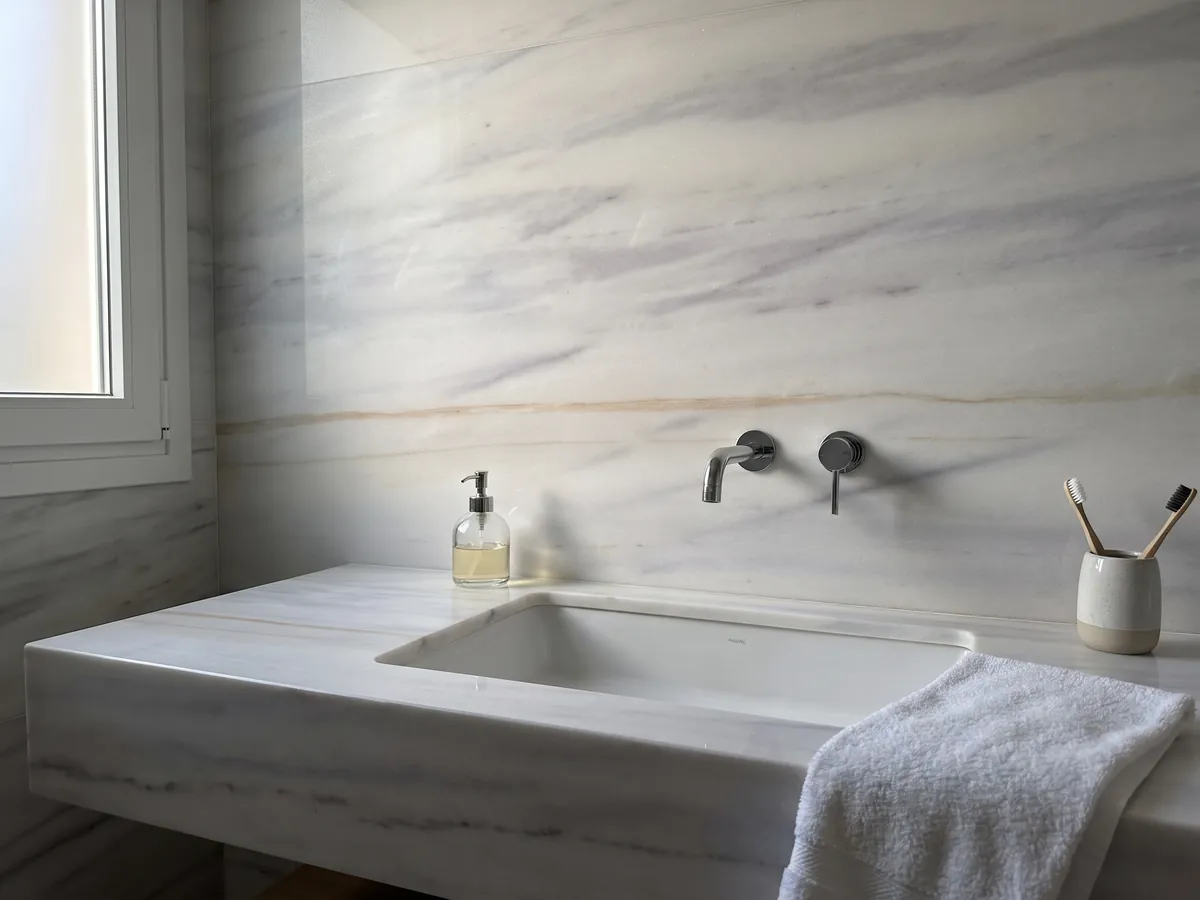 Vanity top and bathroom wall in Bianco Lasa Covelano Gold marble with a white sink and chrome faucets: grayish white with soft horizontal lavender veins and one fine gold line