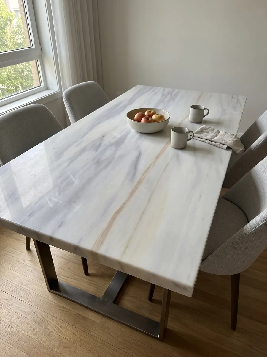 Dining table with a Bianco Lasa Covelano Gold marble top on a steel base: grayish white with soft horizontal lavender veins and one fine gold line