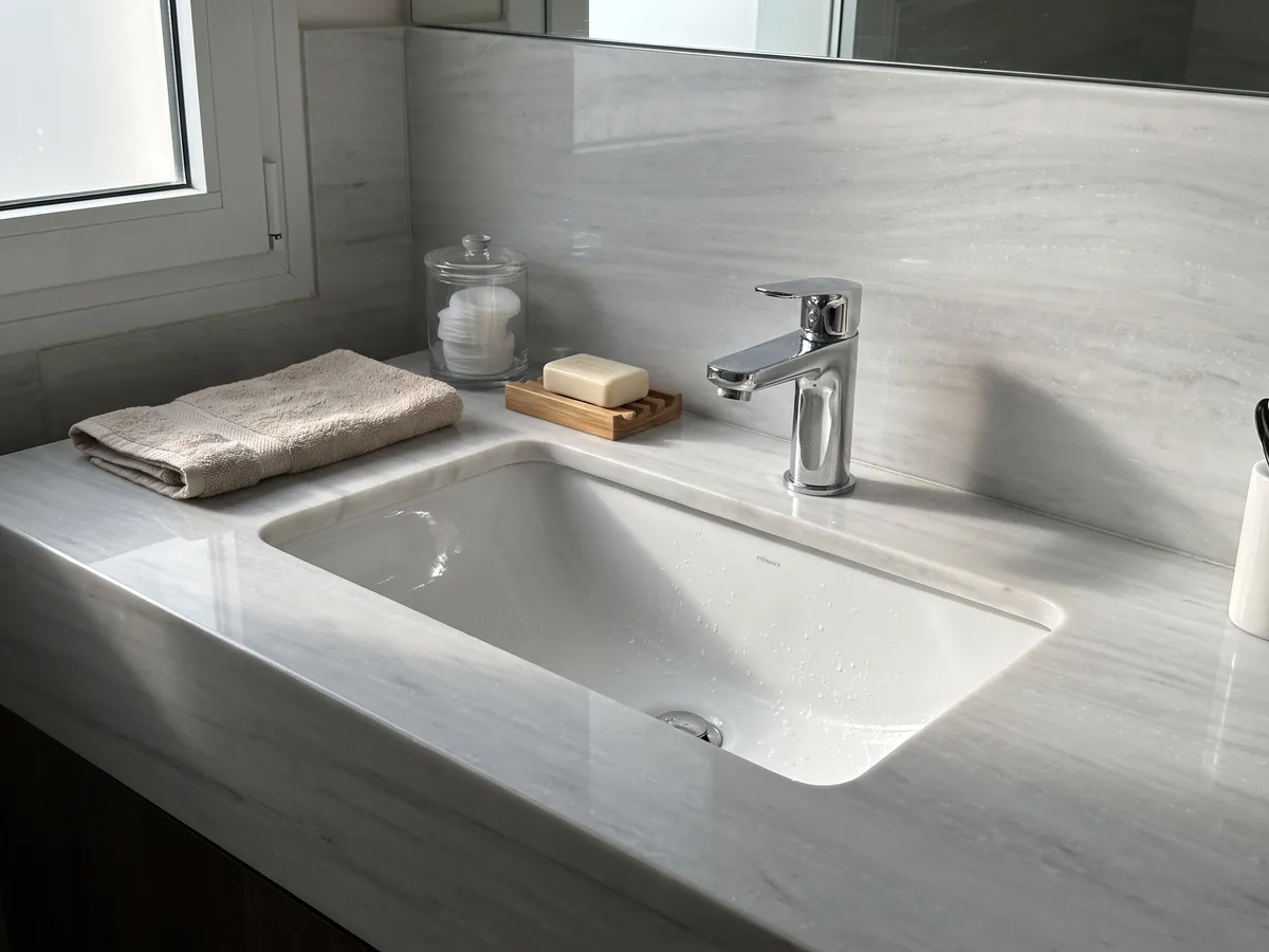 Vanity top and bathroom wall in Bianco Laser marble with a white sink and chrome faucets: nearly plain grayish white with very soft horizontal lines