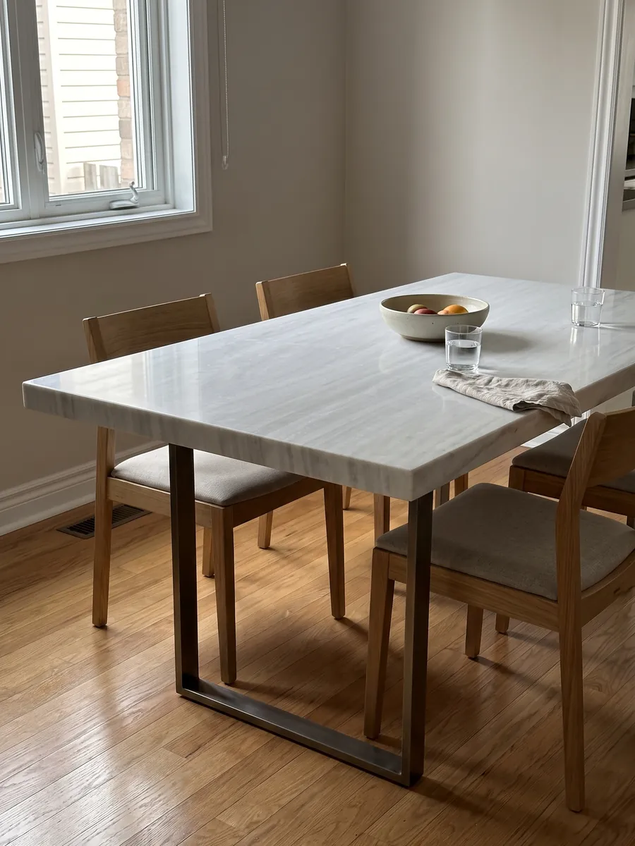 Dining table with a Bianco Laser marble top on a steel base: nearly plain grayish white with very soft horizontal lines