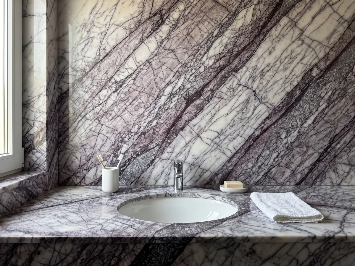 Vanity top and bathroom wall in white Lilac marble with a white sink and chrome faucets: white crossed by a dense web of dark violet veins in diagonal bands