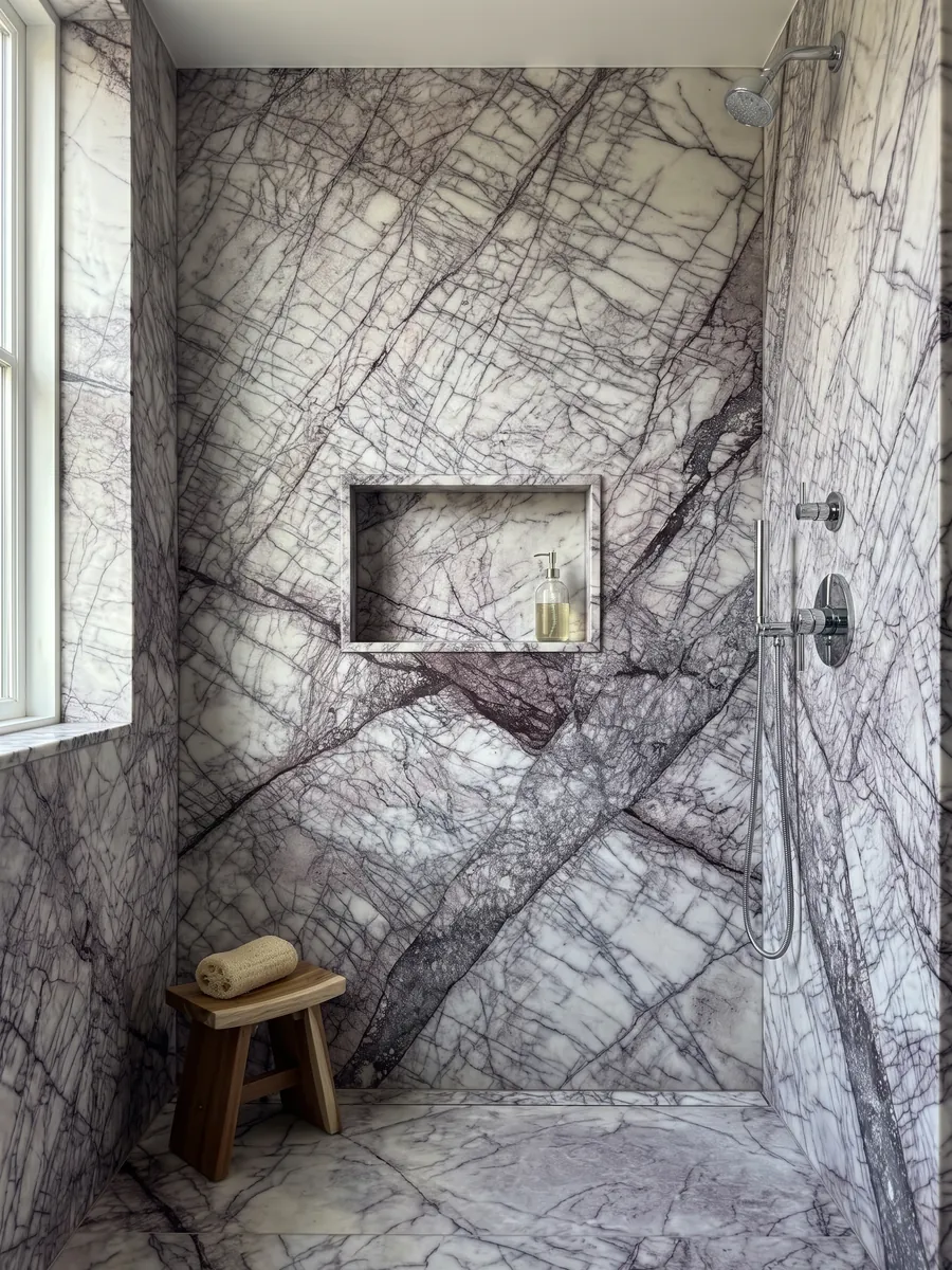 Shower clad in full slabs of white Lilac marble with a recessed niche: white crossed by a dense web of dark violet veins in diagonal bands