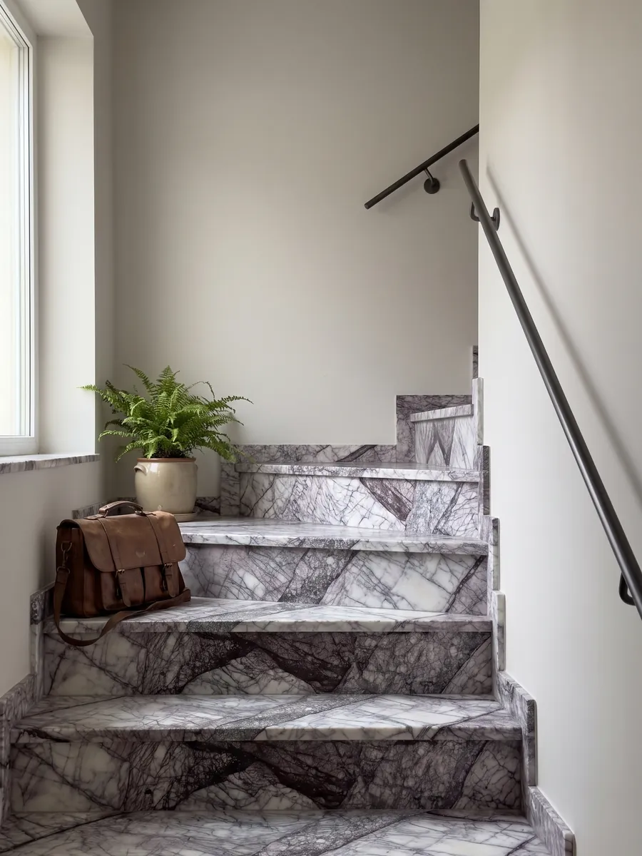Interior staircase with white Lilac marble treads and a handrail: white crossed by a dense web of dark violet veins in diagonal bands