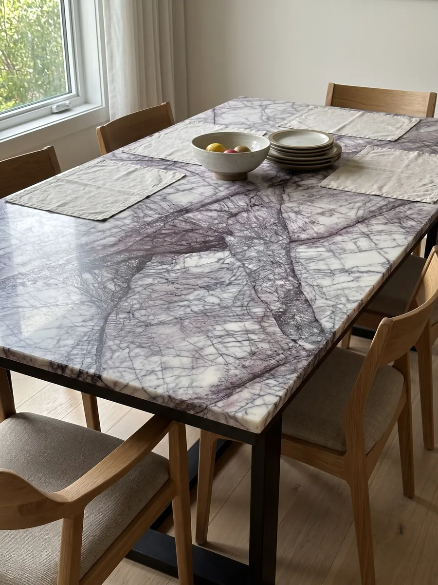 Dining table with a white Lilac marble top on a steel base: white crossed by a dense web of dark violet veins in diagonal bands