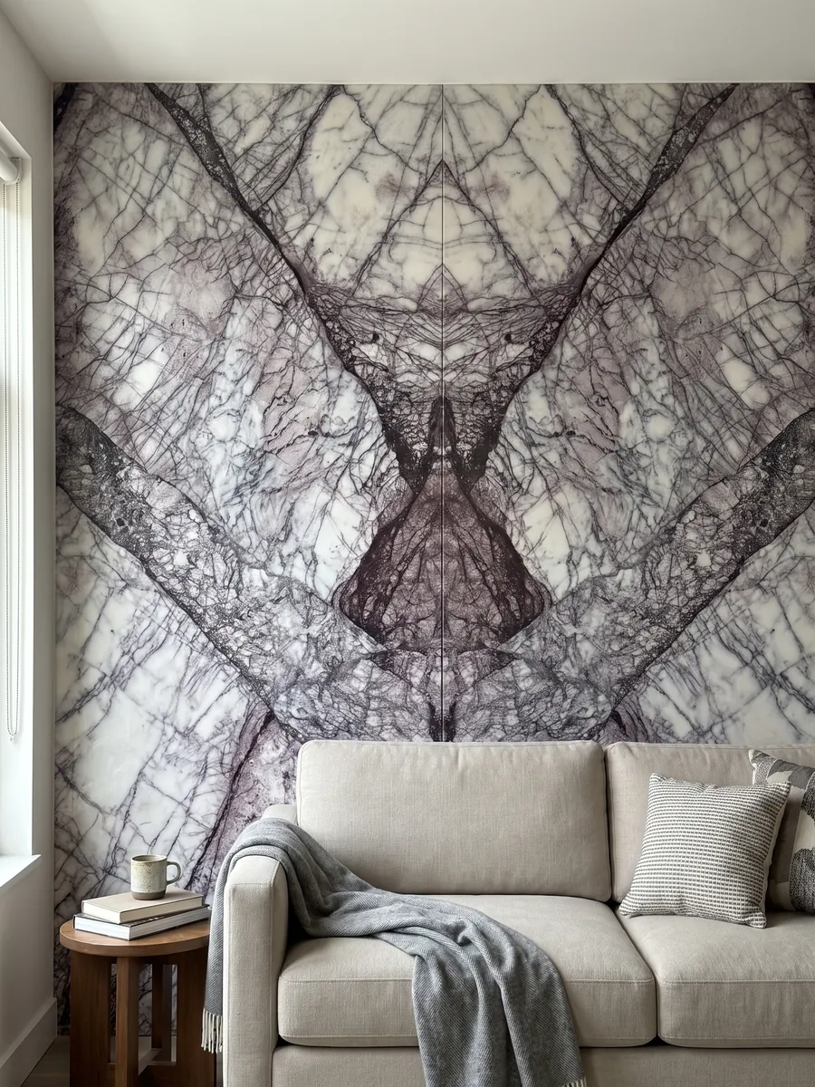 Living room wall clad in bookmatched white Lilac marble slabs behind a sofa: white crossed by a dense web of dark violet veins in diagonal bands