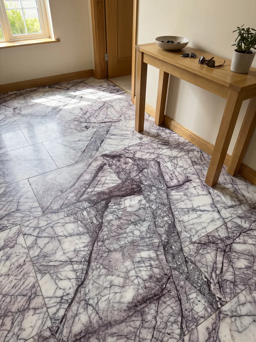 Entryway floor in large slabs of white Lilac marble with natural light: white crossed by a dense web of dark violet veins in diagonal bands