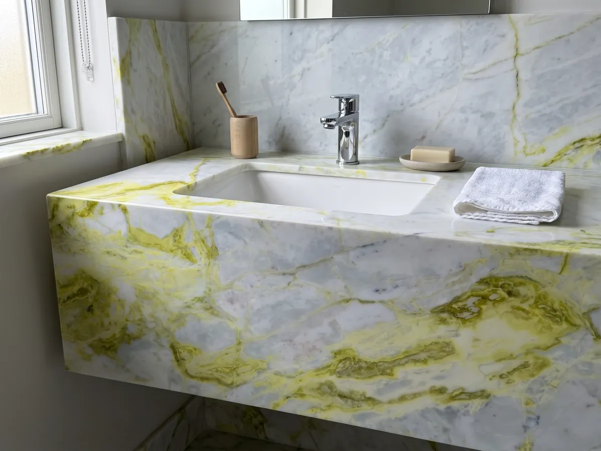 Vanity top and bathroom wall in white Luminous marble with a white sink and chrome faucets: bluish white with very intense lemon yellow veins