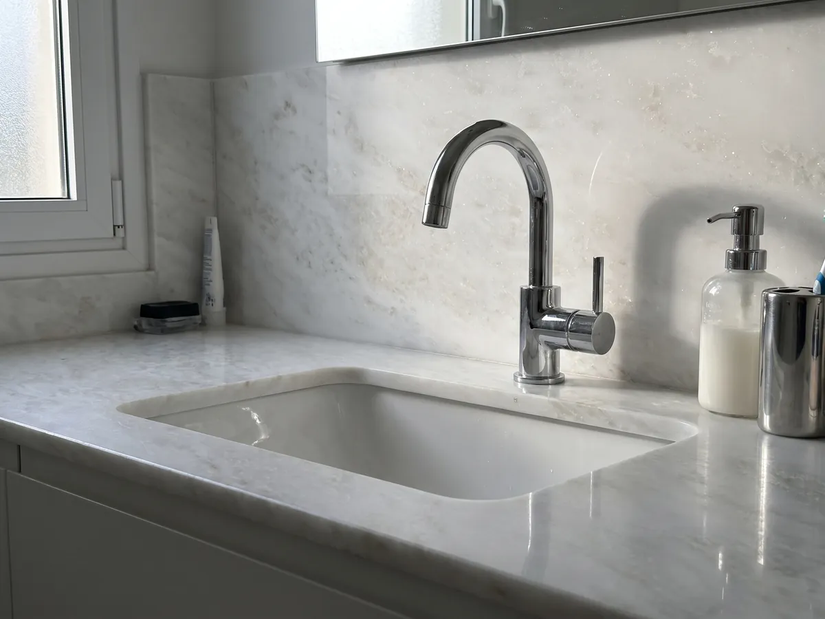 Vanity top and bathroom wall in Bianco Namibia marble with a white sink and chrome faucet: luminous crystalline-looking white with very faint clouds