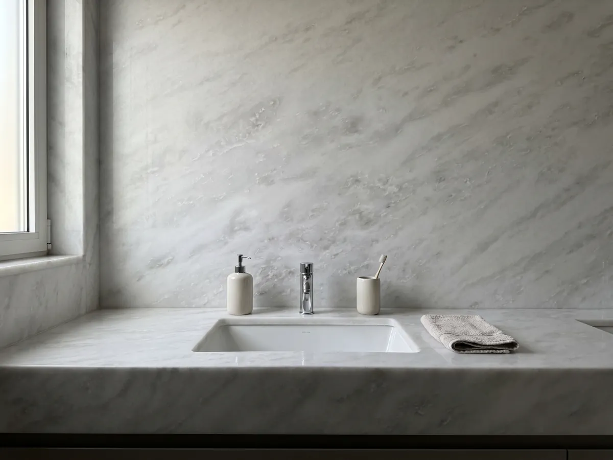 Vanity top and bathroom wall in white Namibia Cream marble with a white sink and chrome faucets: almost plain white with very faint gray clouds