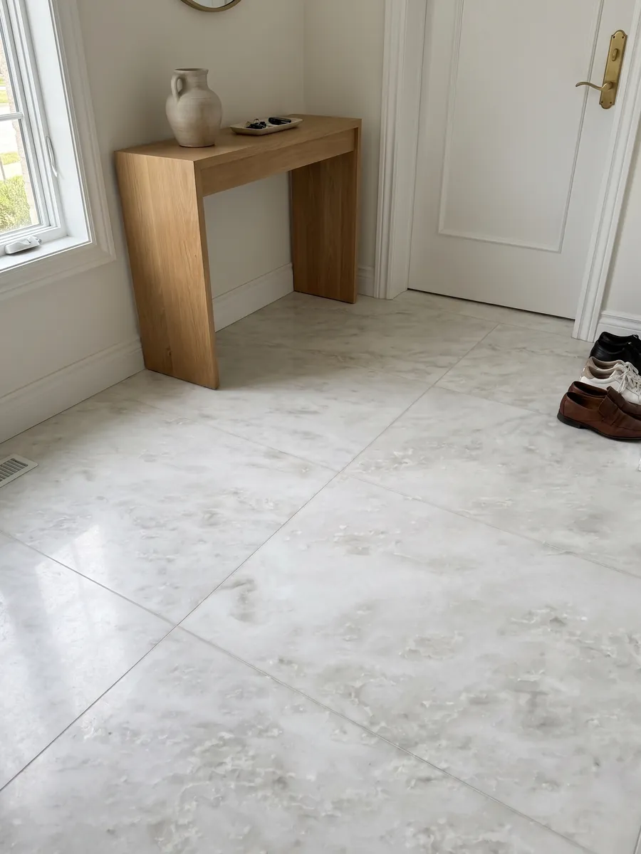 Entryway floor in large white Namibia Cream marble slabs with natural light: almost plain white with very faint gray clouds