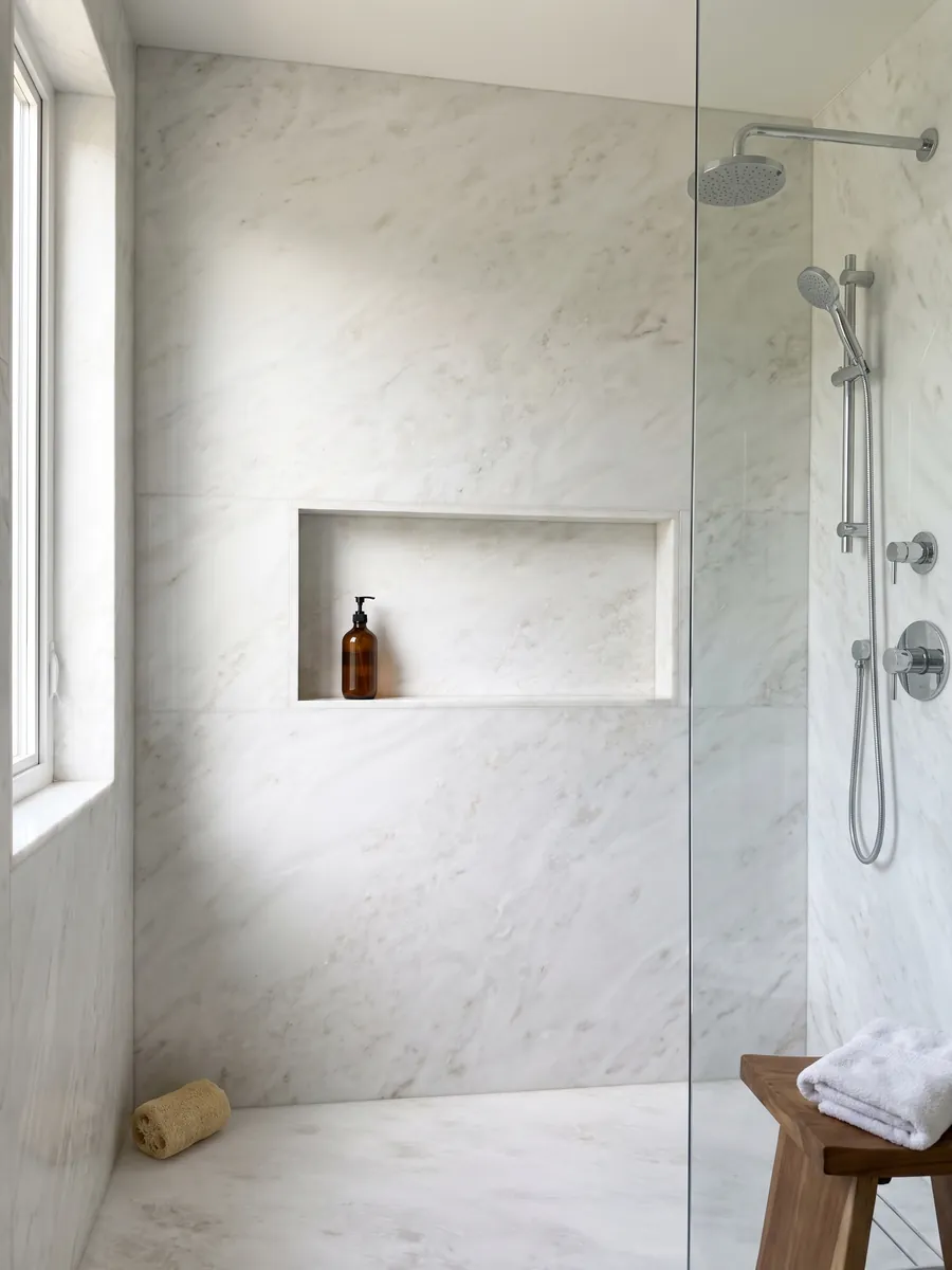 Shower clad in full Bianco Namibia marble slabs with a recessed niche: luminous crystalline-looking white with very faint clouds