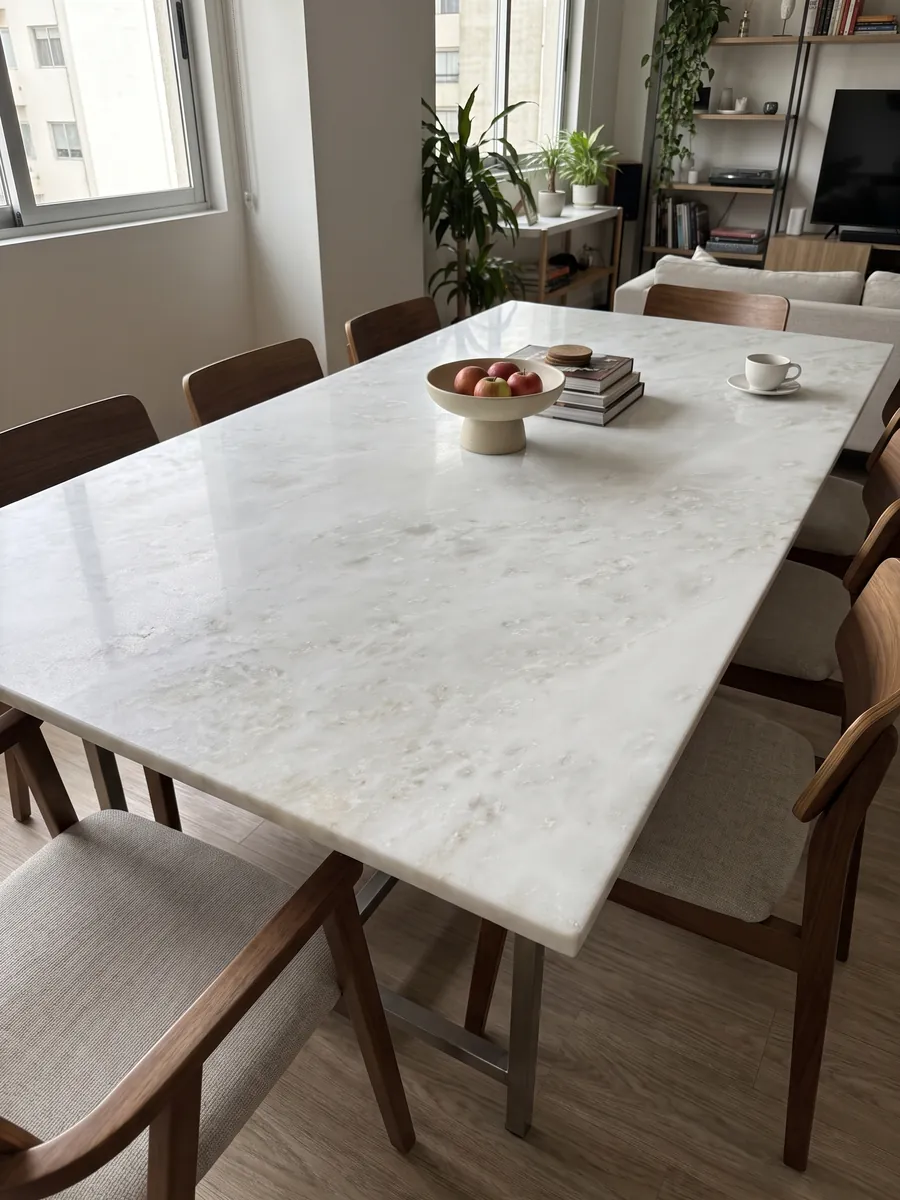 Dining table with a Bianco Namibia marble top on a steel base: luminous crystalline-looking white with very faint clouds
