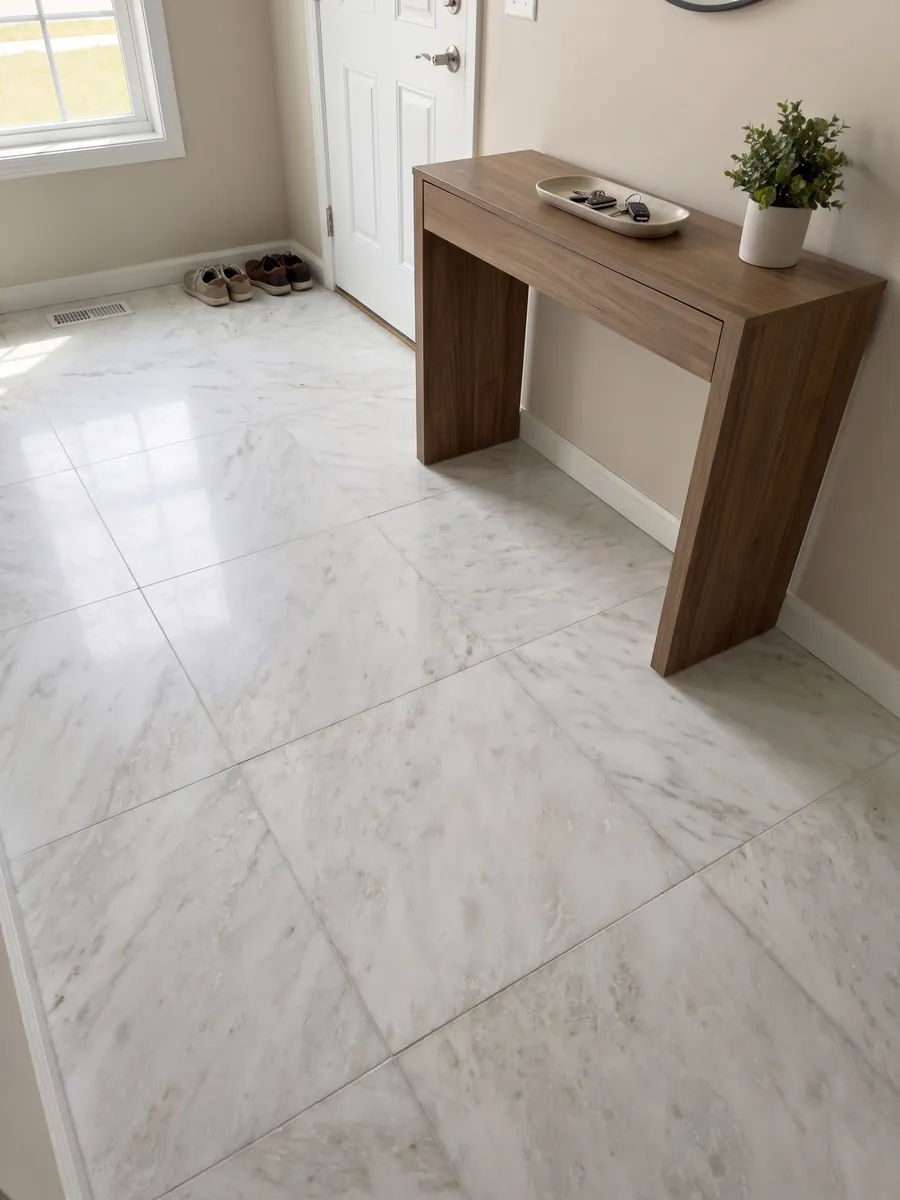 Entryway floor in large Bianco Namibia marble slabs with natural light: luminous crystalline-looking white with very faint clouds
