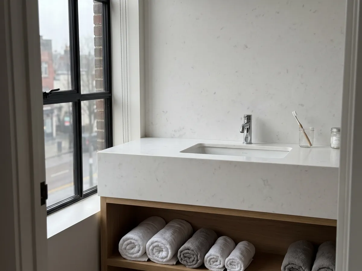 Bathroom vanity top and wall in Opal White marble with a white sink and chrome fixtures: plain, uniform white with almost no pattern