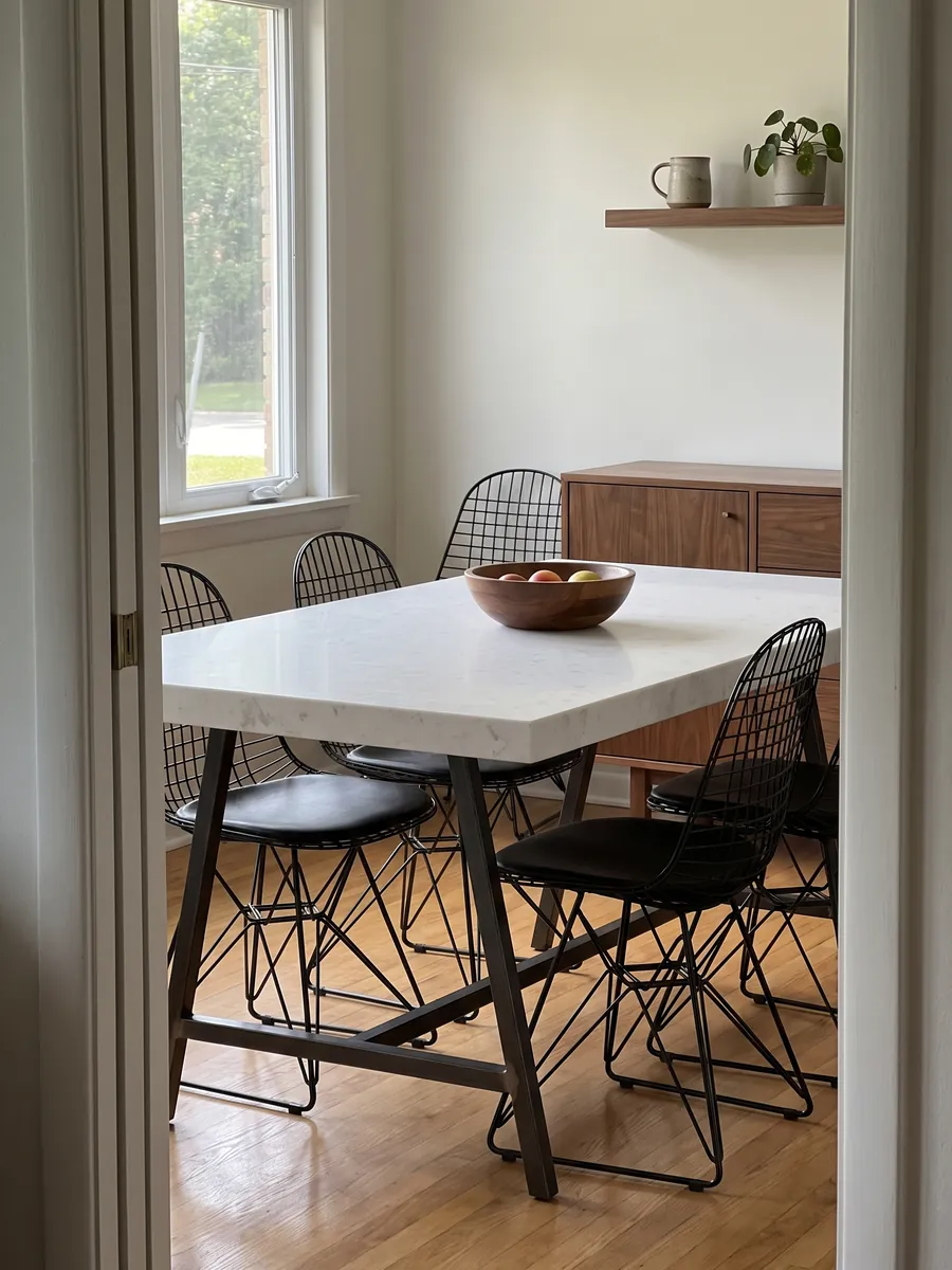 Dining table with an Opal White marble top on a steel base: plain, uniform white with almost no pattern