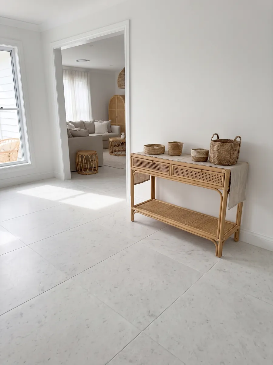 Entryway floor in large Opal White marble slabs with natural light: plain, uniform white with almost no pattern