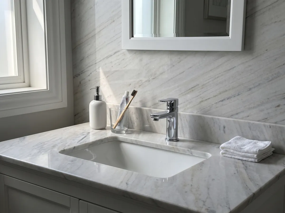 Vanity top and bathroom wall in white Palissandro marble with a white sink and chrome faucets: grayish white with fine parallel gray strokes on the diagonal
