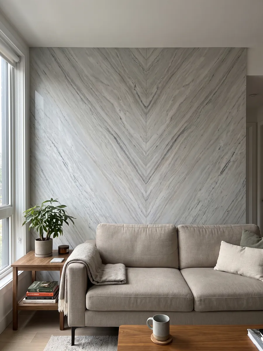 Living room wall clad in bookmatched slabs of white Palissandro marble behind a sofa: grayish white with fine parallel gray strokes on the diagonal