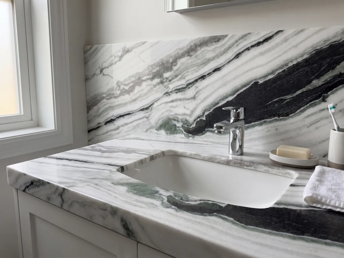 Vanity top and bathroom wall in Panda White marble with a white sink and chrome faucets: white with thick diagonal black bands and green touches