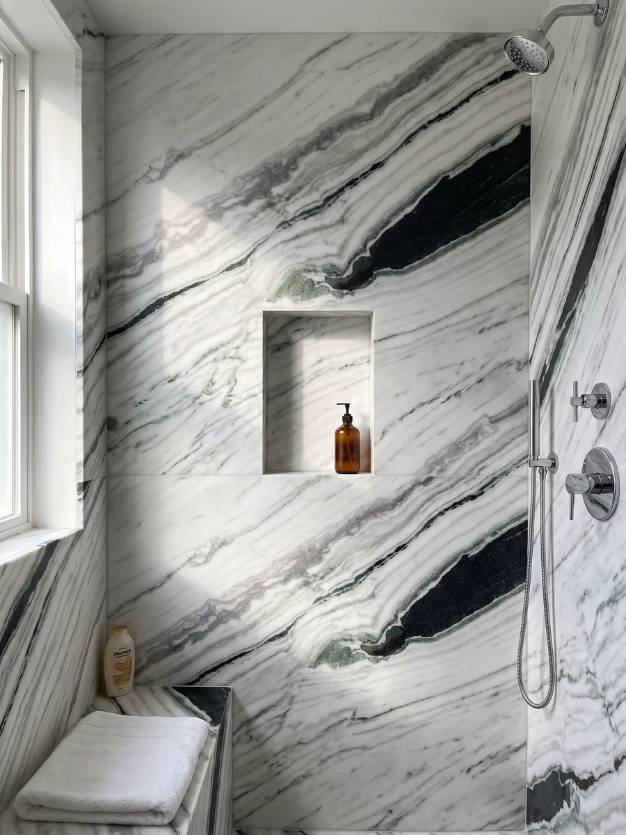 Shower clad in full slabs of white Panda White marble with a recessed niche: white with thick diagonal black bands and green touches