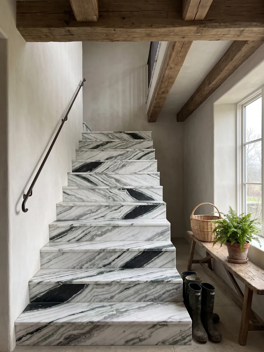 Interior staircase with white Panda White marble treads and a handrail: white with thick diagonal black bands and green touches
