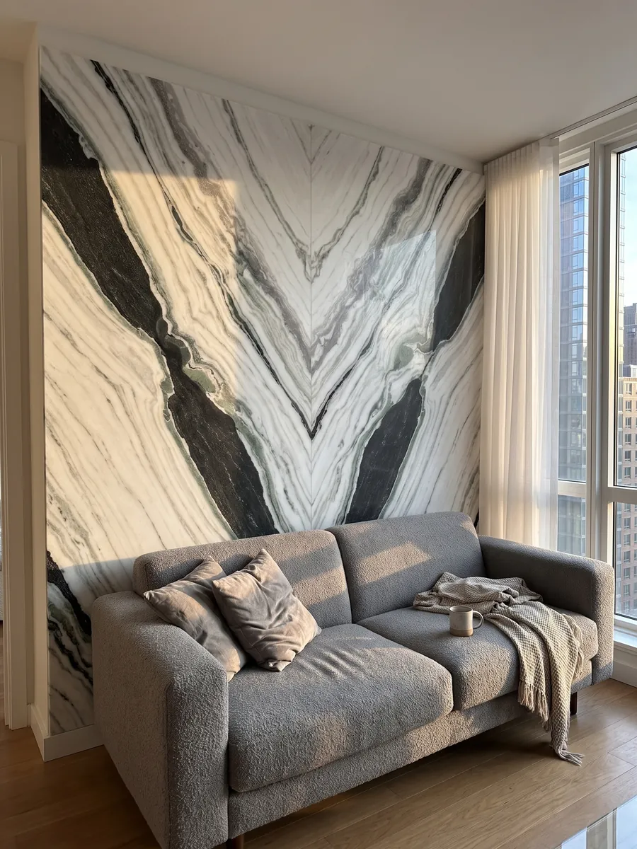 Living room wall clad in bookmatched slabs of white Panda White marble behind a sofa: white with thick diagonal black bands and green touches