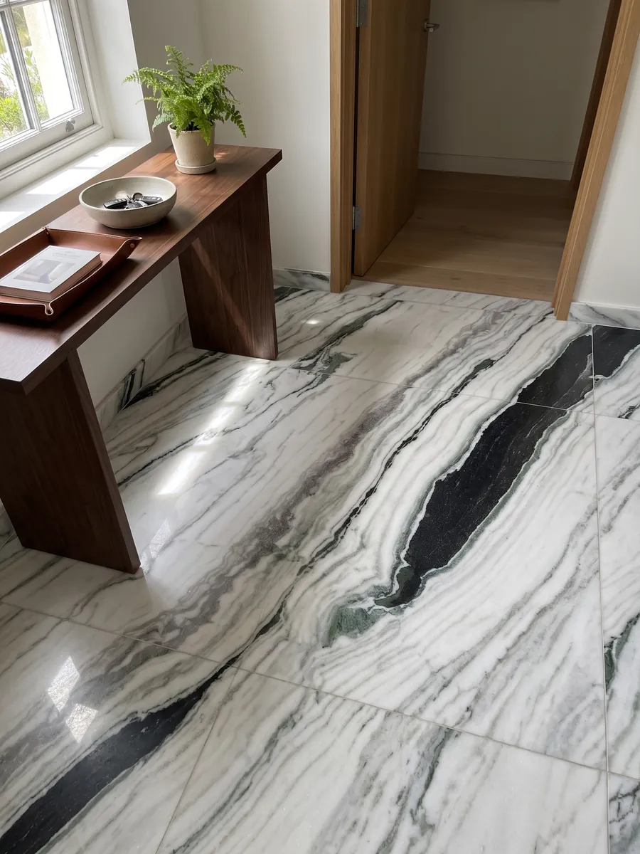 Entryway floor in large slabs of white Panda White marble with natural light: white with thick diagonal black bands and green touches