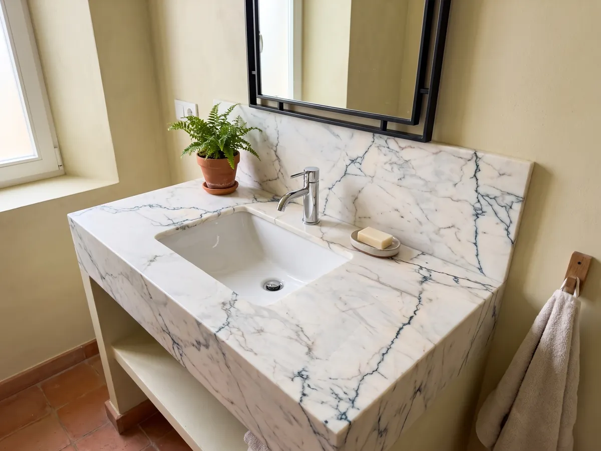Vanity top and bathroom wall in Paonazzo marble with a white sink and chrome faucets: warm white with fine dark teal veins that look like cracks