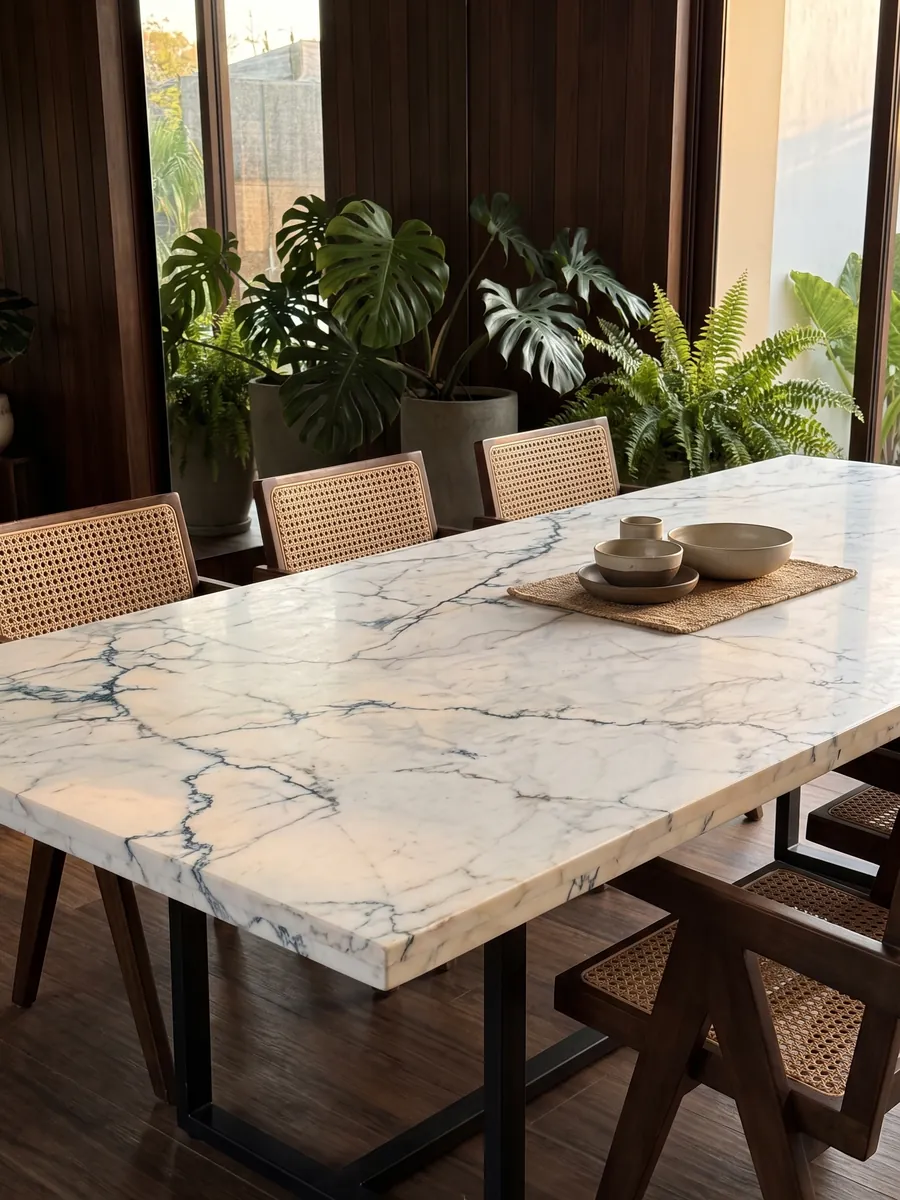 Dining table with a white Paonazzo marble top on a steel base: warm white with fine dark teal veins that look like cracks