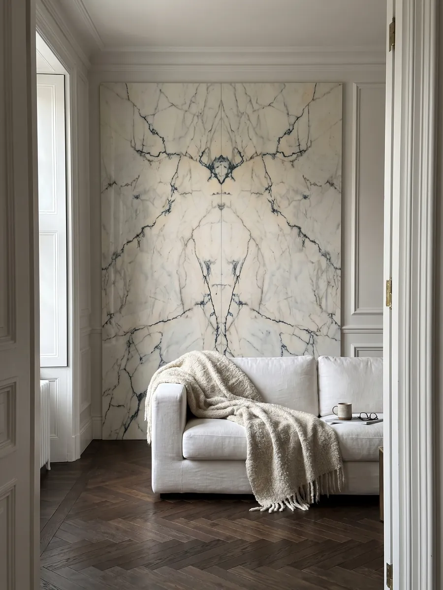 Living room wall clad in bookmatched slabs of white Paonazzo marble behind a sofa: warm white with fine dark teal veins that look like cracks